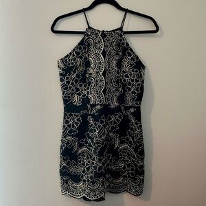 High-neck Black Dress/Romper with Gold Embroidered Overlay